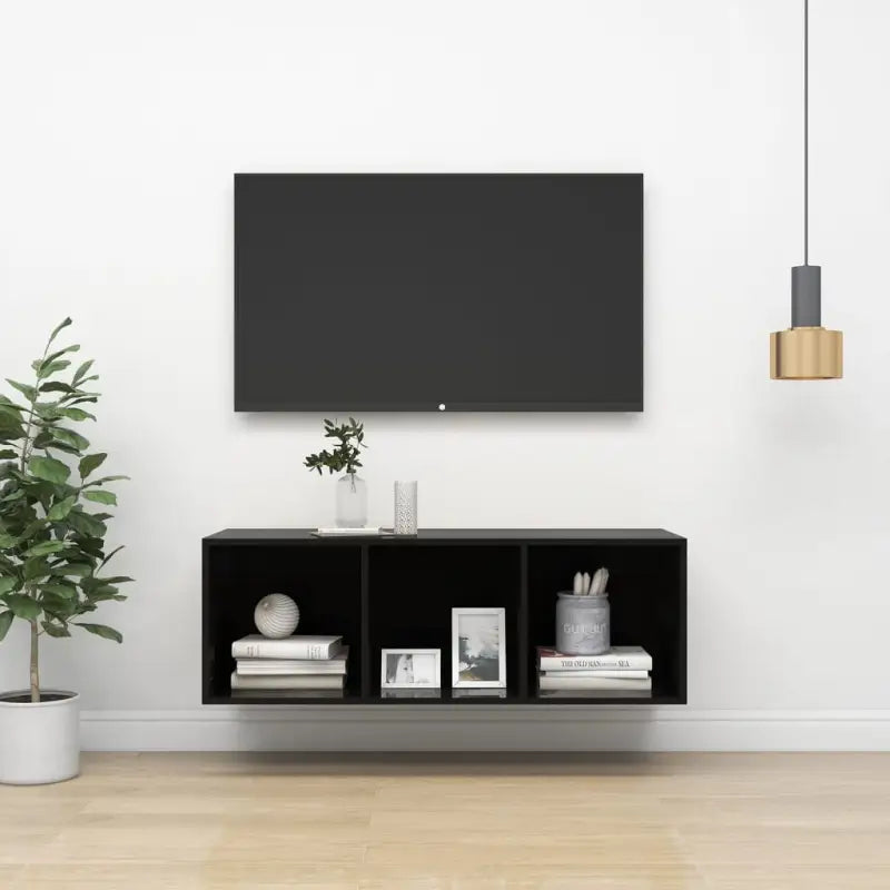 Tv-meubel van bewerkt hout met opbergruimte en muurbevestiging - Hoogglans zwart / 1 / 107 cm - Tv-meubels