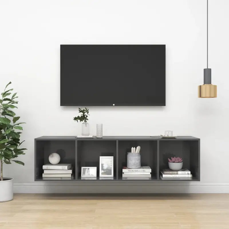 Tv-meubel van bewerkt hout met opbergruimte en muurbevestiging - Hoogglans grijs / 1 / 142.5 cm - Tv-meubels