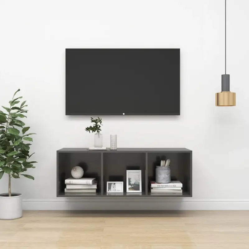 Tv-meubel van bewerkt hout met opbergruimte en muurbevestiging - Hoogglans grijs / 1 / 107 cm - Tv-meubels