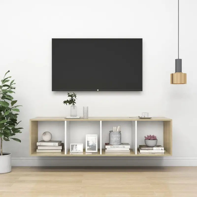 Tv-meubel van bewerkt hout met opbergruimte en muurbevestiging - sonoma eiken en wit / 1 / 142.5 cm - Tv-meubels