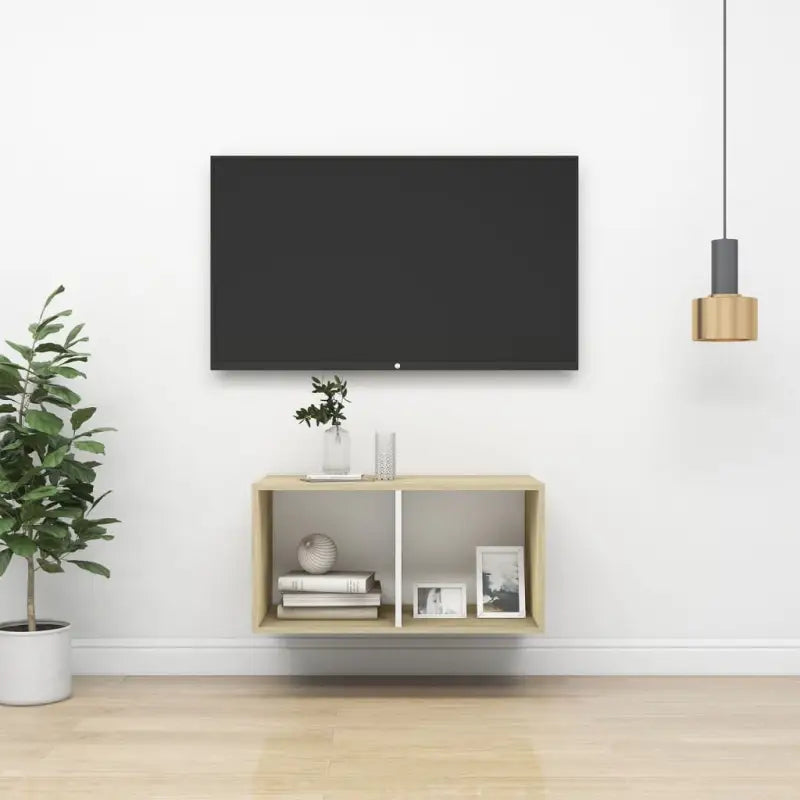 Tv-meubel van bewerkt hout met opbergruimte en muurbevestiging - sonoma eiken en wit / 1 / 72 cm - Tv-meubels