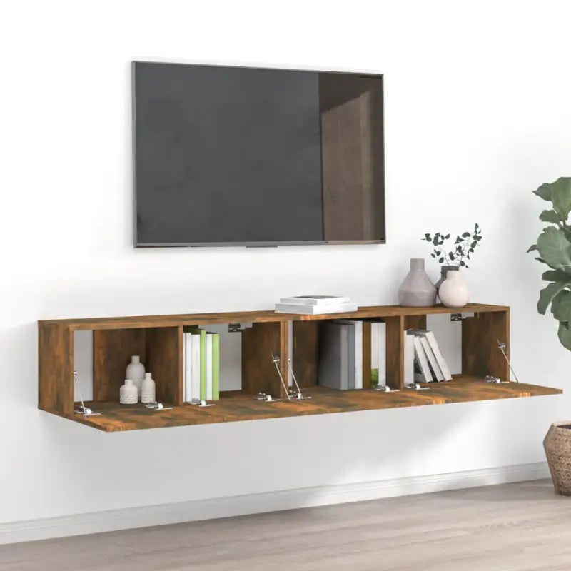 Tv meubel van bewerkt hout met opbergruimte voor een tijdloze uitstraling - Gerookt eiken / 2 / 80/100 cm - Tv-meubels