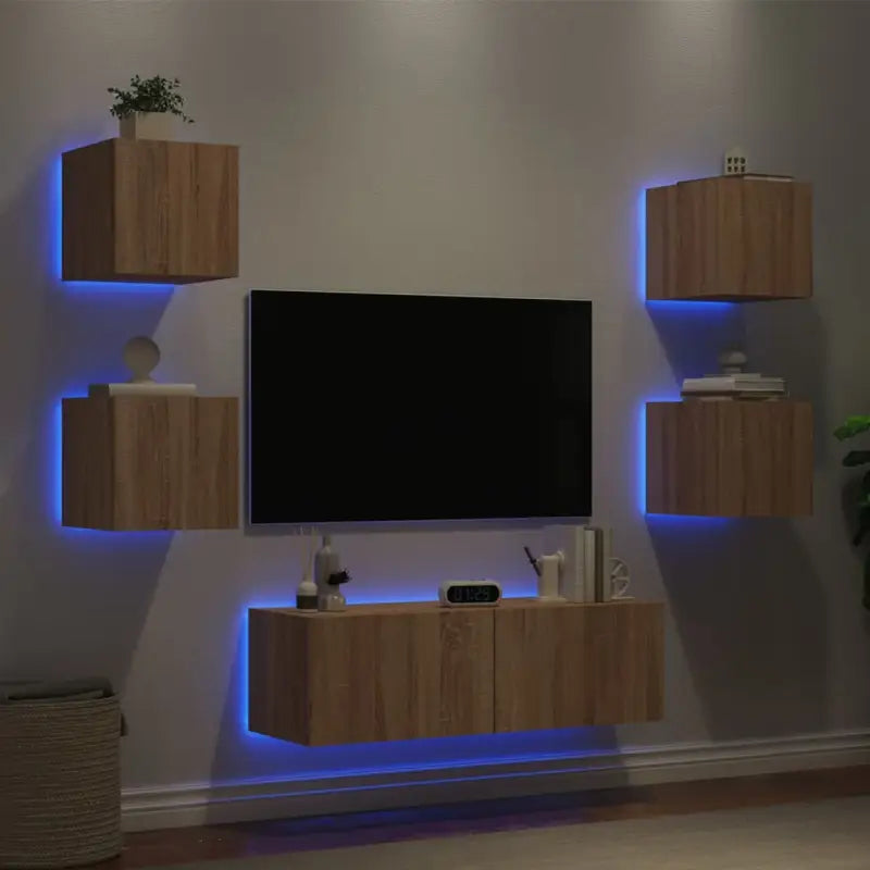 Tv-meubel van bewerkt hout met RGB LED-verlichting in gerookt eiken - Sonoma eiken / 1 - Tv-meubels