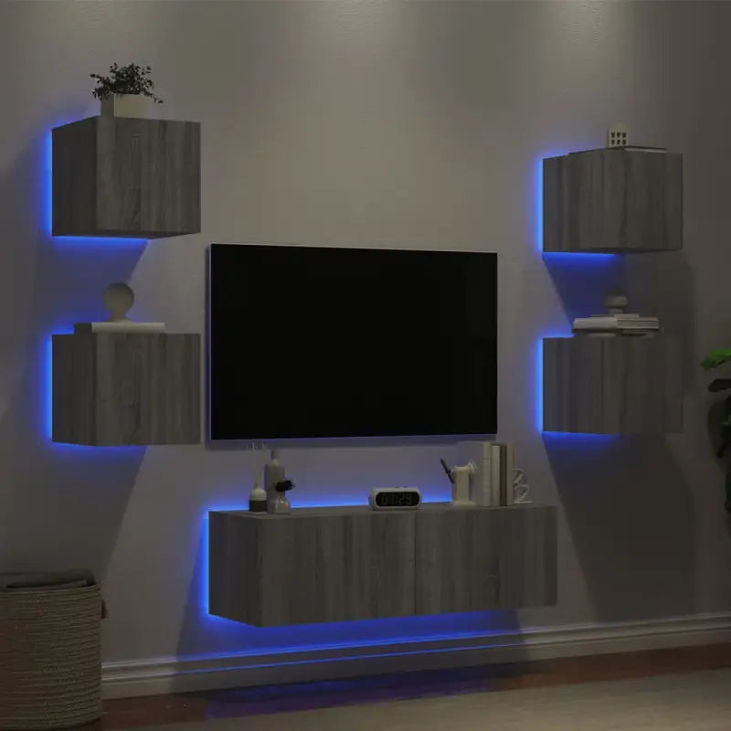 Tv-meubel van bewerkt hout met RGB LED-verlichting in gerookt eiken - Grijs sonoma / 1 - Tv-meubels