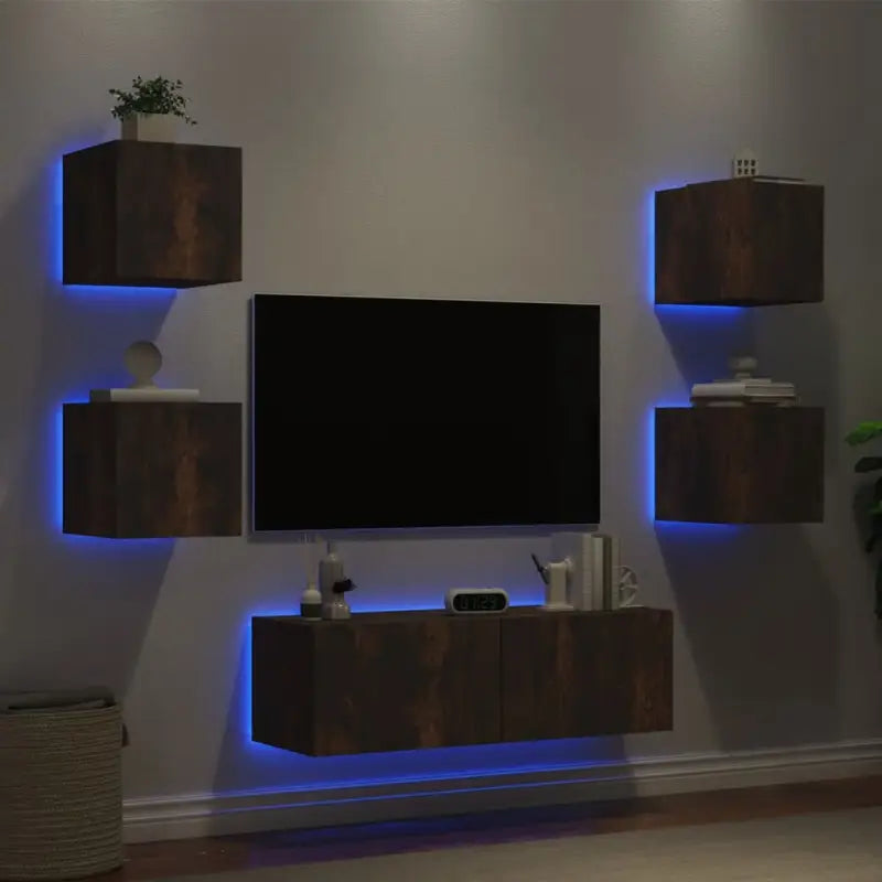 Tv-meubel van bewerkt hout met RGB LED-verlichting in gerookt eiken - Gerookt eiken / 1 - Tv-meubels