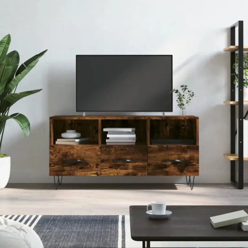 Tv-meubel van bewerkt hout met stevige ijzeren poten - Gerookt eiken / 1 - Tv-meubels