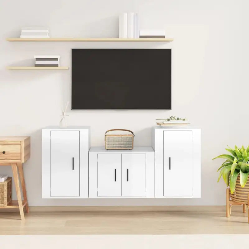 Tv-meubels in grijs sonoma met bewerkt hout voor een trendy uitstraling - Hoogglans wit / 3 - Tv-meubels