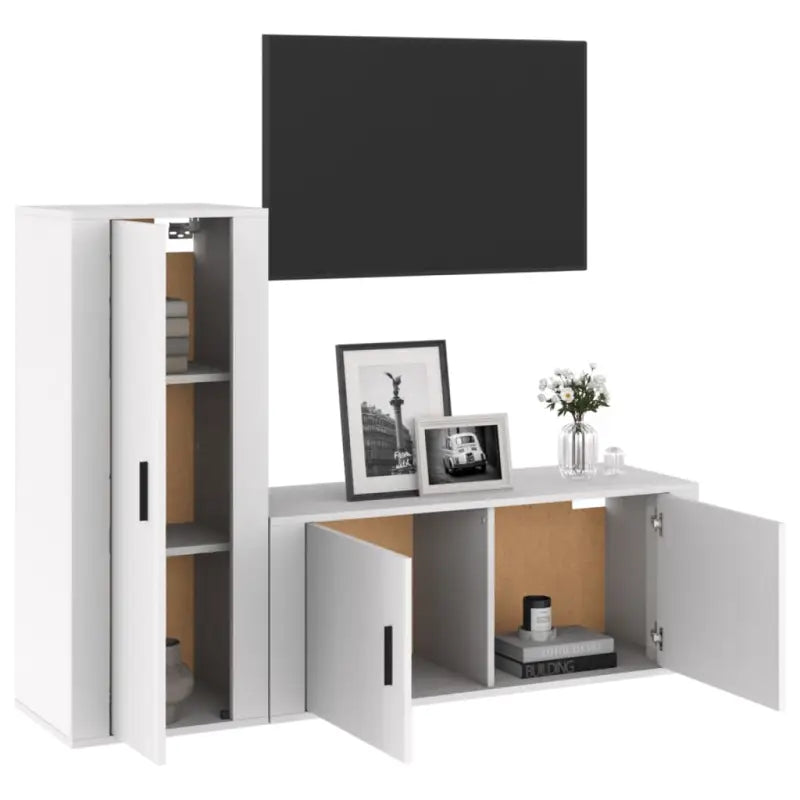 Tv-meubels in hoogglans wit met bewerkt hout voor een klassiek interieur - Hoogglans wit / 2 - Tv-meubels
