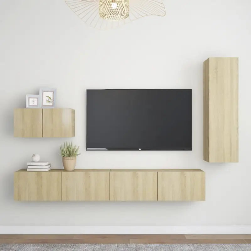 Tv-meubelset in bewerkt hout met opbergruimte en muurbevestiging - Sonoma eiken / 1 / 110 cm - Tv-meubels