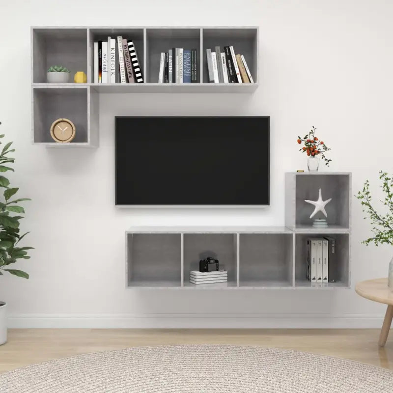 Tv-meubelset van bewerkt hout met muurbevestiging en opbergruimte - Betongrijs / 1 - Tv-meubels