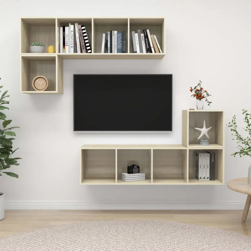 Tv-meubelset van bewerkt hout met muurbevestiging en opbergruimte - Sonoma eiken / 1 - Tv-meubels