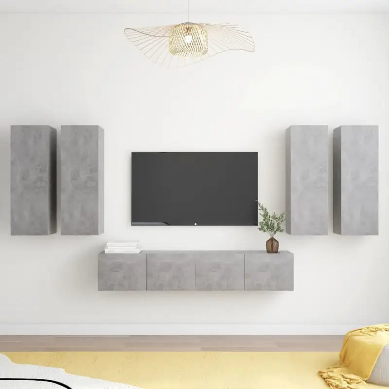 Tv-meubelset van bewerkt hout met opbergruimte en muurbevestiging - Betongrijs / 6 / 90 cm - Tv-meubels