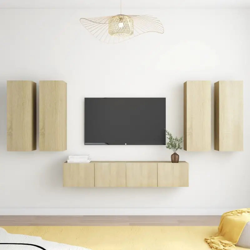 Tv-meubelset van bewerkt hout met opbergruimte en muurbevestiging - Sonoma eiken / 6 / 90 cm - Tv-meubels