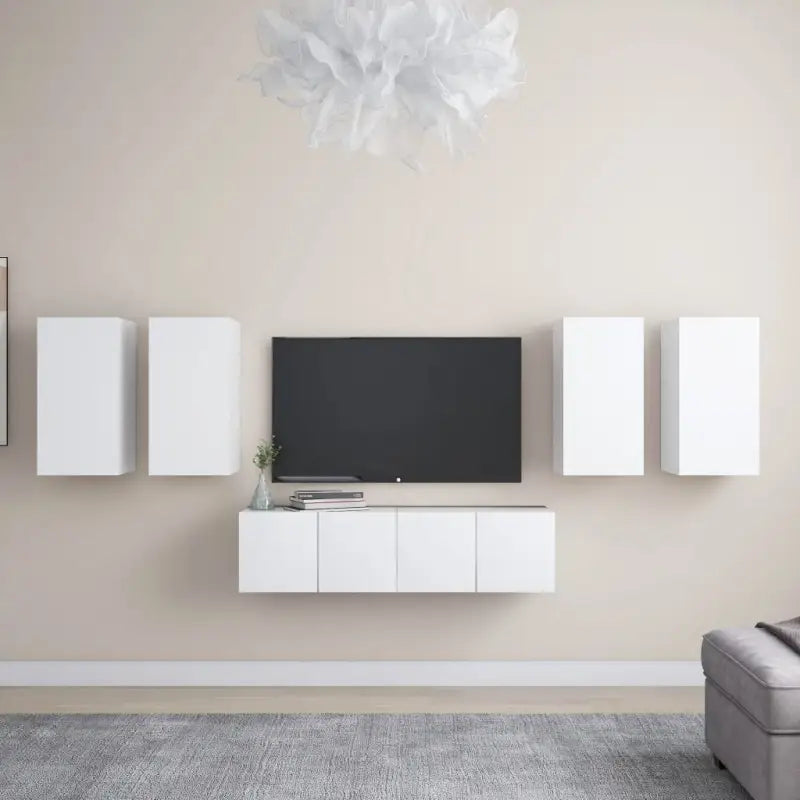 Tv-meubelset van bewerkt hout met opbergruimte en muurbevestiging - Wit / 6 / 60 cm - Tv-meubels