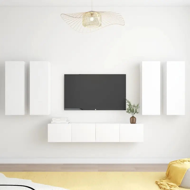 Tv-meubelset van bewerkt hout met opbergruimte en muurbevestiging - Wit / 6 / 90 cm - Tv-meubels