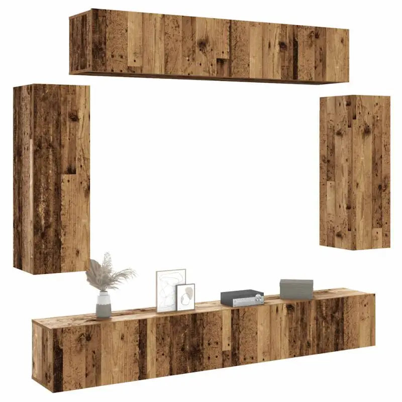 Tv-meubelset van bewerkt hout met opbergruimte en wandmontage - Oud hout / 6 / 90 cm - Tv-meubels