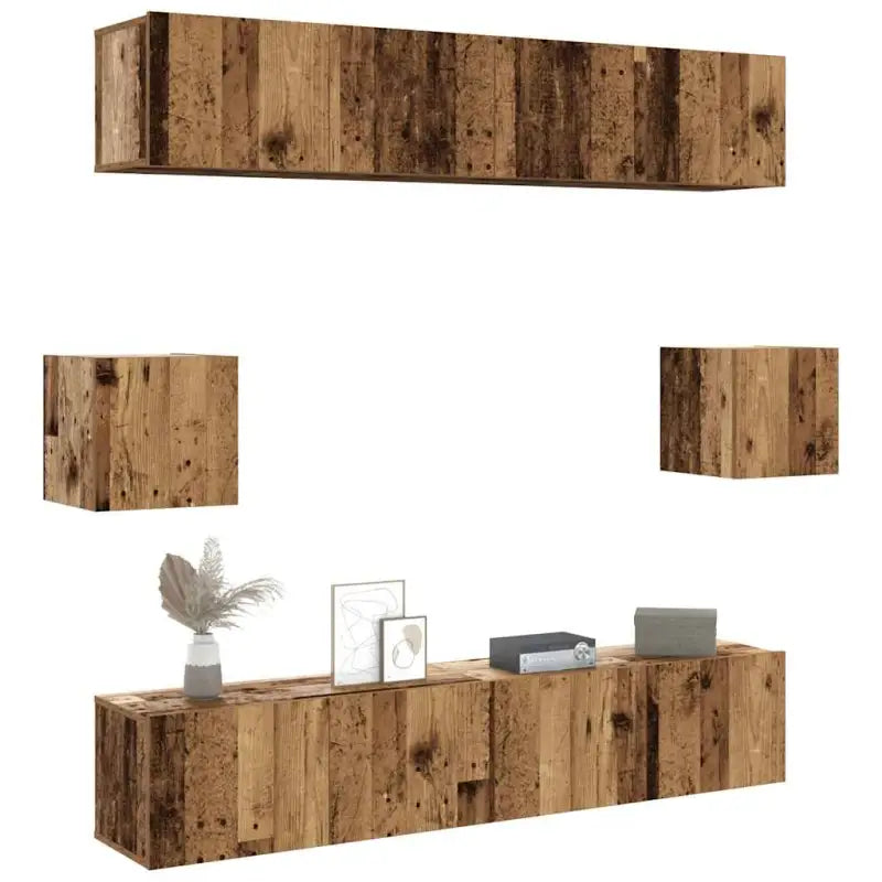 Tv-meubelset van bewerkt hout met opbergruimte voor wandmontage - Oud hout / 6 / 80 cm - Tv-meubels