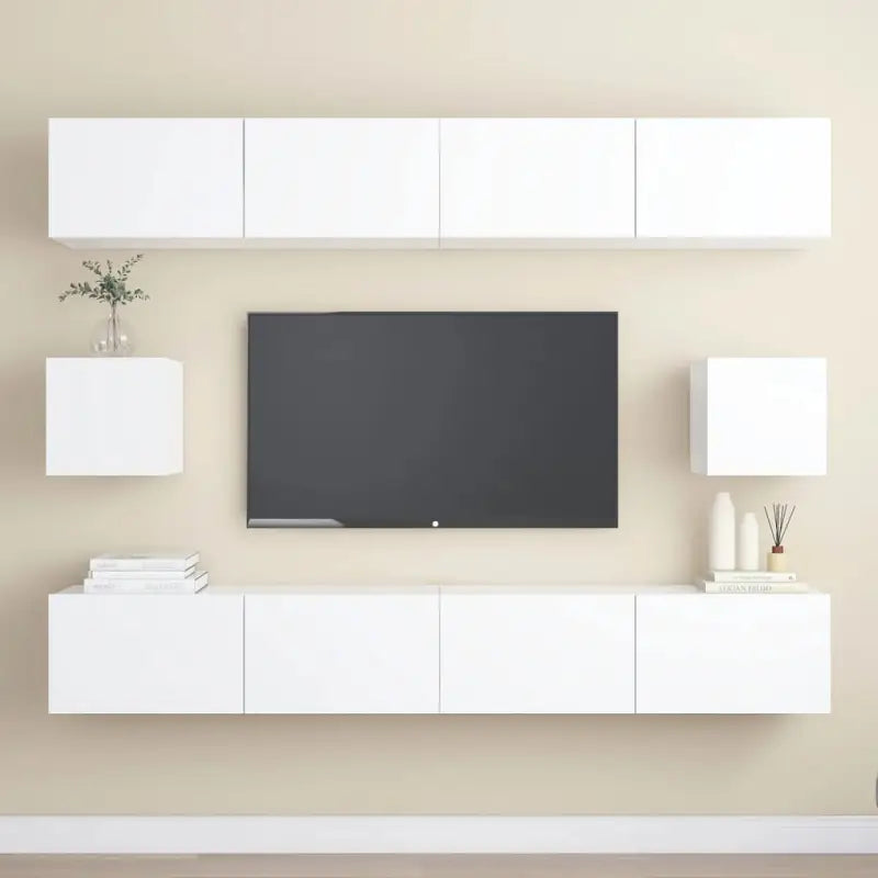 Tv-meubelset van bewerkt hout met opbergruimte voor wandmontage - Wit / 6 / 100 cm - Tv-meubels