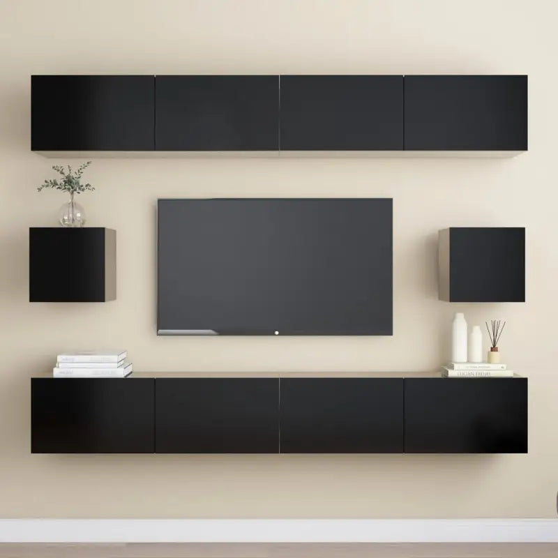 Tv-meubelset van bewerkt hout met opbergruimte voor wandmontage - Zwart / 6 / 100 cm - Tv-meubels