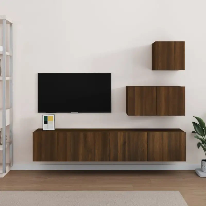 Tv-meubelset van bewerkt hout met strak modern design - bruin eikenkleur / 4 / 60/80 cm - Tv-meubels