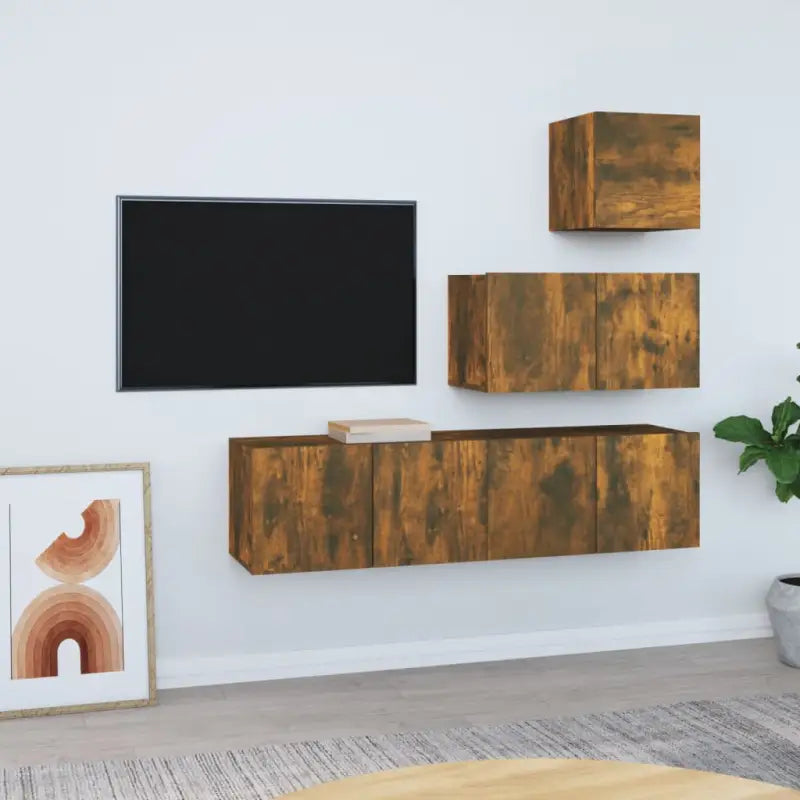 Tv-meubelset van bewerkt hout met strak modern design - Gerookt eiken / 4 / 60 cm - Tv-meubels