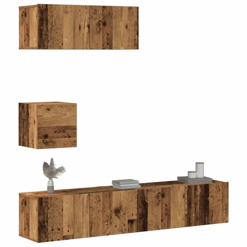 Tv-meubelset van bewerkt hout met strak modern design - Oud hout / 4 / 80 cm - Tv-meubels