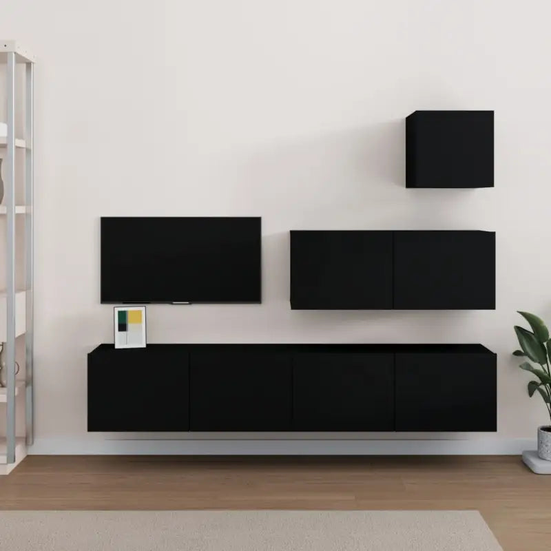 Tv-meubelset van bewerkt hout met strak modern design - Zwart / 4 / 80 cm - Tv-meubels