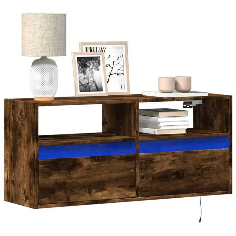 Tv-wandmeubel van bewerkt hout in gerookt eiken voor stabiele opstelling - Gerookt eiken / 1 / 100 cm - Tv-meubels
