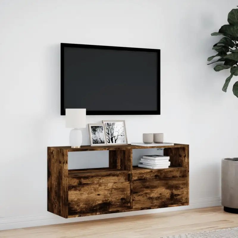 Tv-wandmeubel van bewerkt hout in gerookt eiken voor stabiele opstelling - Tv-meubels