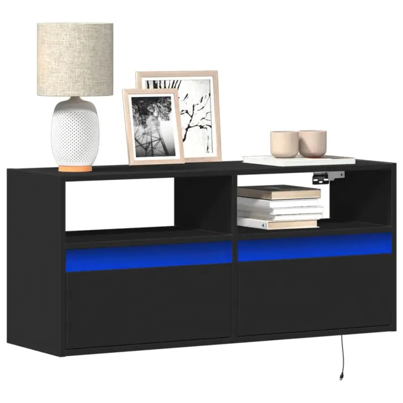 Tv-wandmeubel van bewerkt hout in gerookt eiken voor stabiele opstelling - Zwart / 1 / 100 cm - Tv-meubels