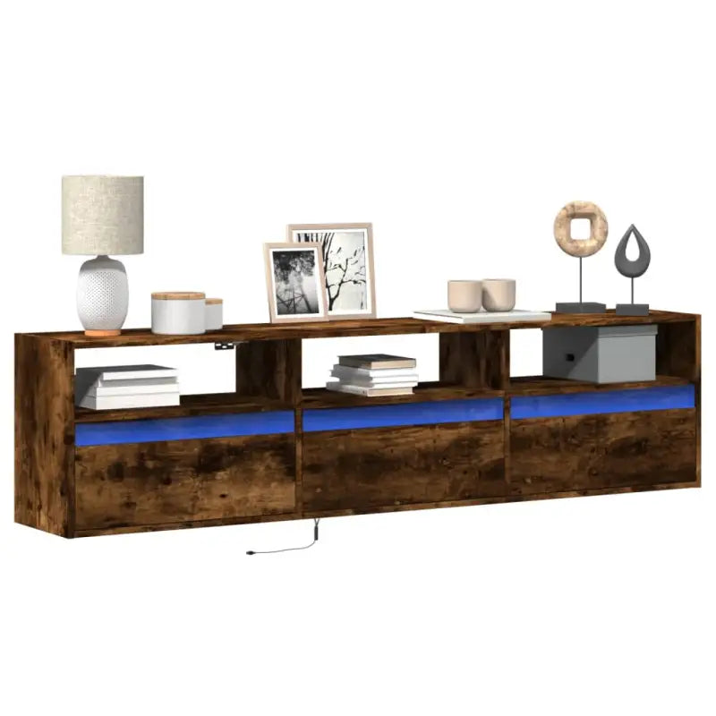 Tv-wandmeubel van bewerkt hout in gerookt eiken voor stabiele opstelling - Gerookt eiken / 1 / 180 cm - Tv-meubels