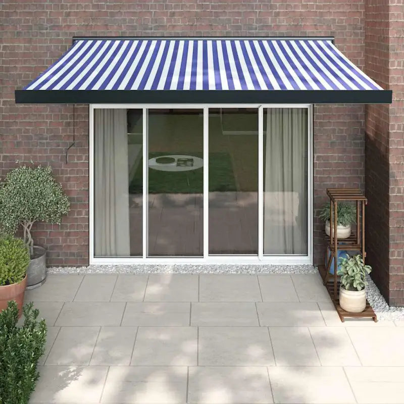 Uittrekbare luifel in gepoedercoat aluminium voor je terras - Blauw en wit (zwart frame) / 3 x 2.5 m / 1 - Zonwering