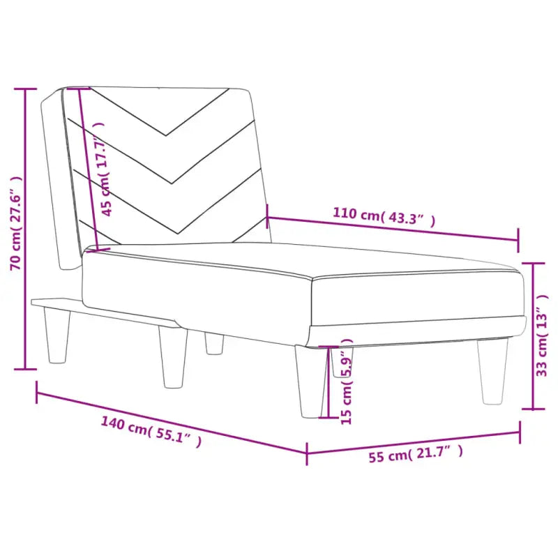 Verstelbare chaise longue voor compacte ontspanningshoek met totale afmetingen - Chaises longues