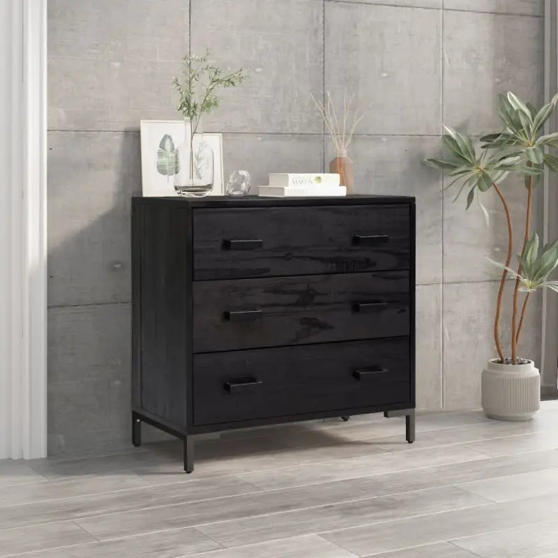 Vintage houten ladekast van massief grenenhout met metalen poten - Zwart / 1 - Commodes & ladekasten