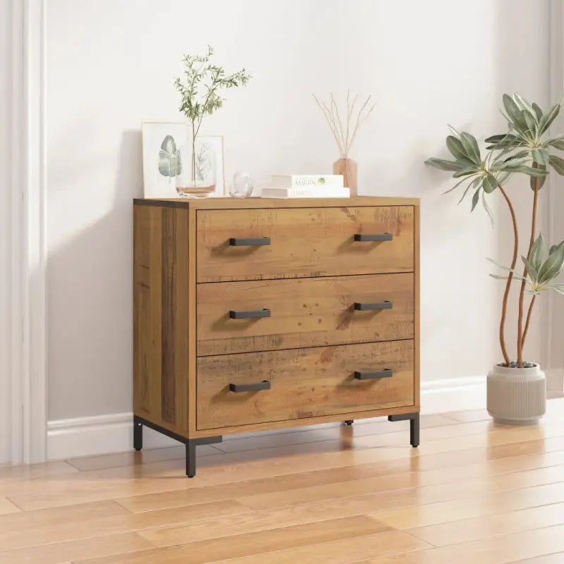 Vintage houten ladekast van massief grenenhout met metalen poten - Bruin / 1 - Commodes & ladekasten