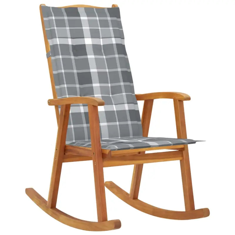 Vintage houten schommelstoel van massief acaciahout met elastische band - Grijs ruitpatroon / 120 x 50 x 3 cm / 1