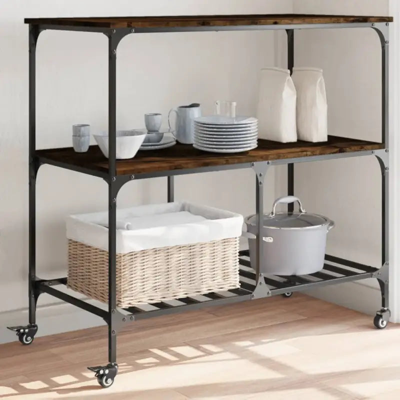 Vintage keukentrolley van bewerkt hout voor extra opbergruimte - Gerookt eiken - Keukentrolleys