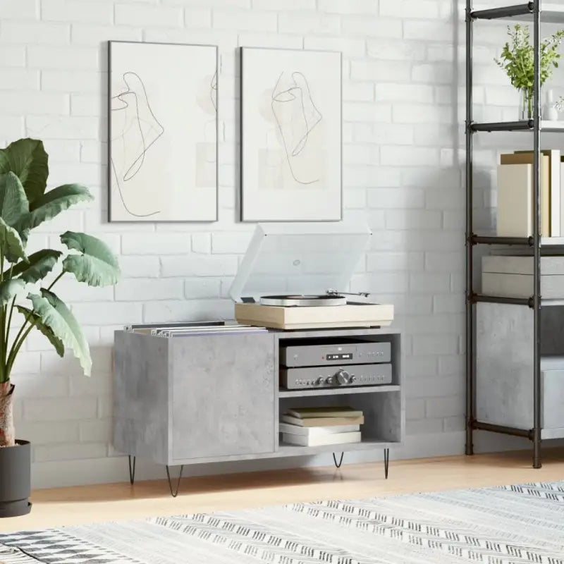 Vinyl Platenkast met stevige blad en ijzeren poten van bewerkt hout - Betongrijs / 1 - Cd- & dvd-kasten