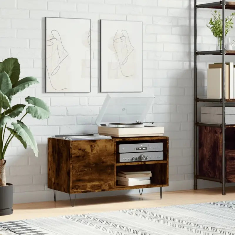 Vinyl Platenkast met stevige blad en ijzeren poten van bewerkt hout - Gerookt eiken / 1 - Cd- & dvd-kasten