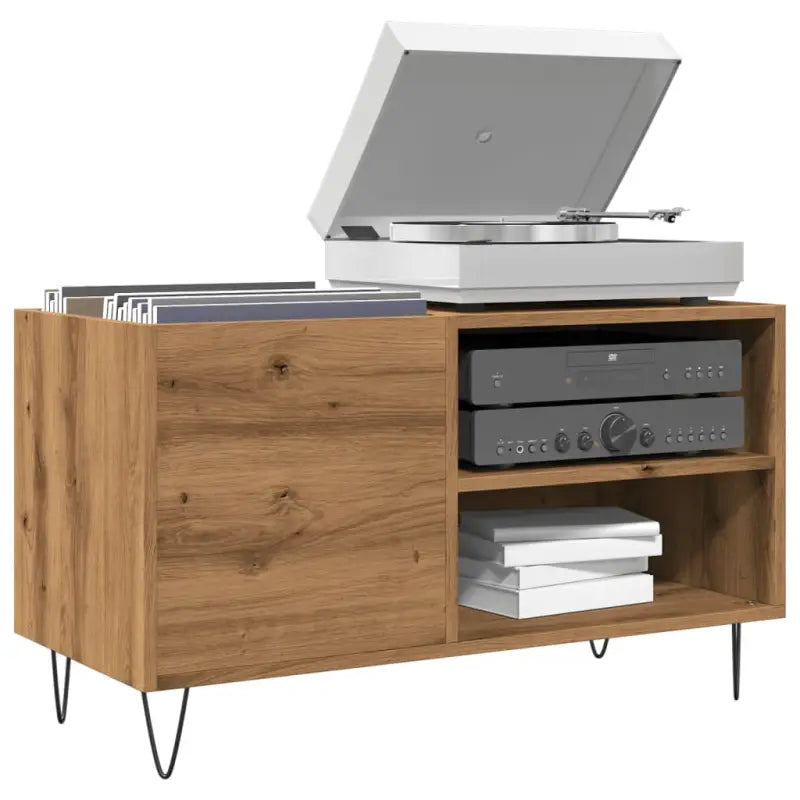 Vinyl Platenkast met stevige blad en ijzeren poten van bewerkt hout - artisanaal eikenkleurig / 1 - Cd- & dvd-kasten