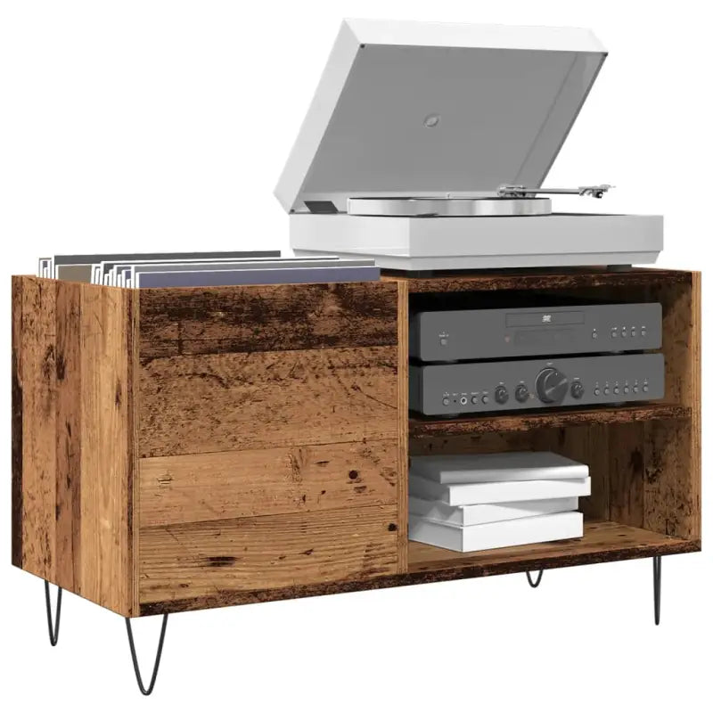 Vinyl Platenkast met stevige blad en ijzeren poten van bewerkt hout - Oud hout / 1 - Cd- & dvd-kasten