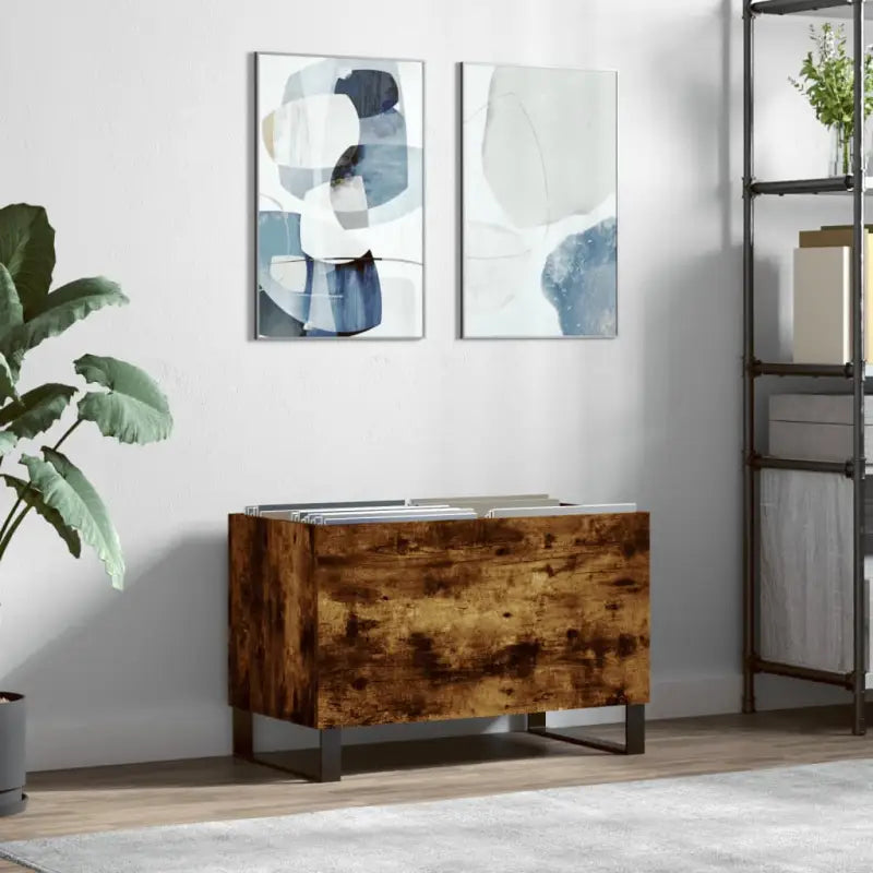 Vinylplaten kast met stevige blad en ijzeren poten van bewerkt hout - Gerookt eiken / 1 - Cd- & dvd-kasten