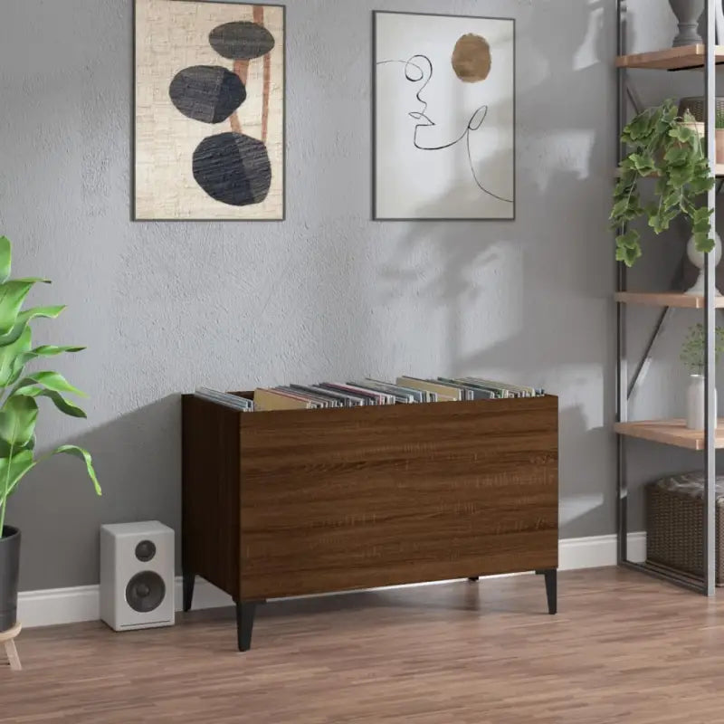 Vinylplatenkast in hoogglans wit met metalen poten en bewerkt hout - bruin eikenkleur / 1 - Cd- & dvd-kasten