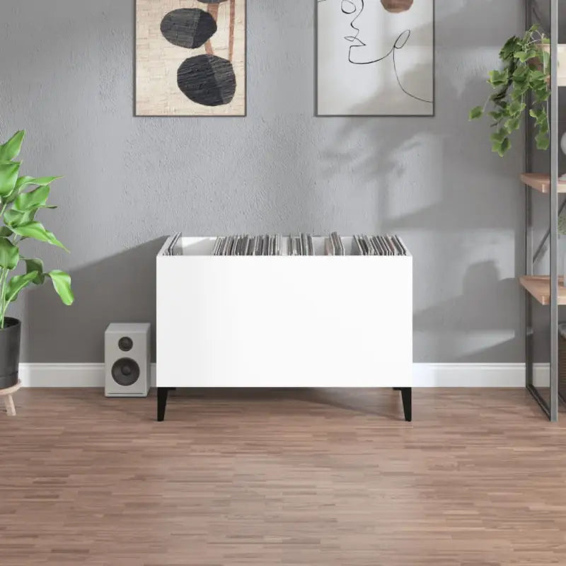 Vinylplatenkast in hoogglans wit met metalen poten en bewerkt hout - Cd- & dvd-kasten
