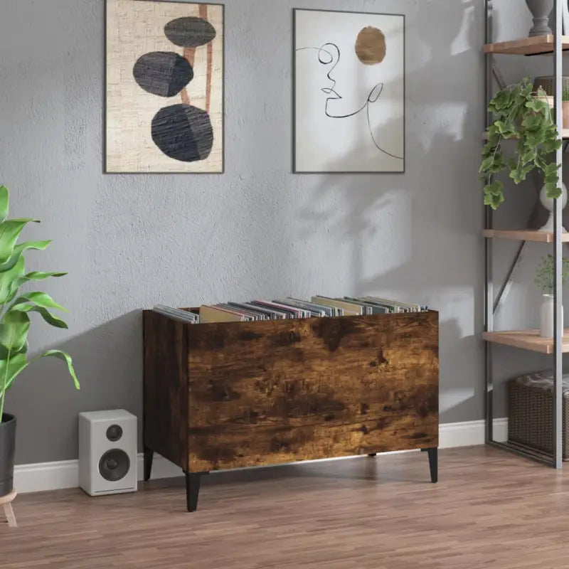 Vinylplatenkast in hoogglans wit met metalen poten en bewerkt hout - Gerookt eiken / 1 - Cd- & dvd-kasten