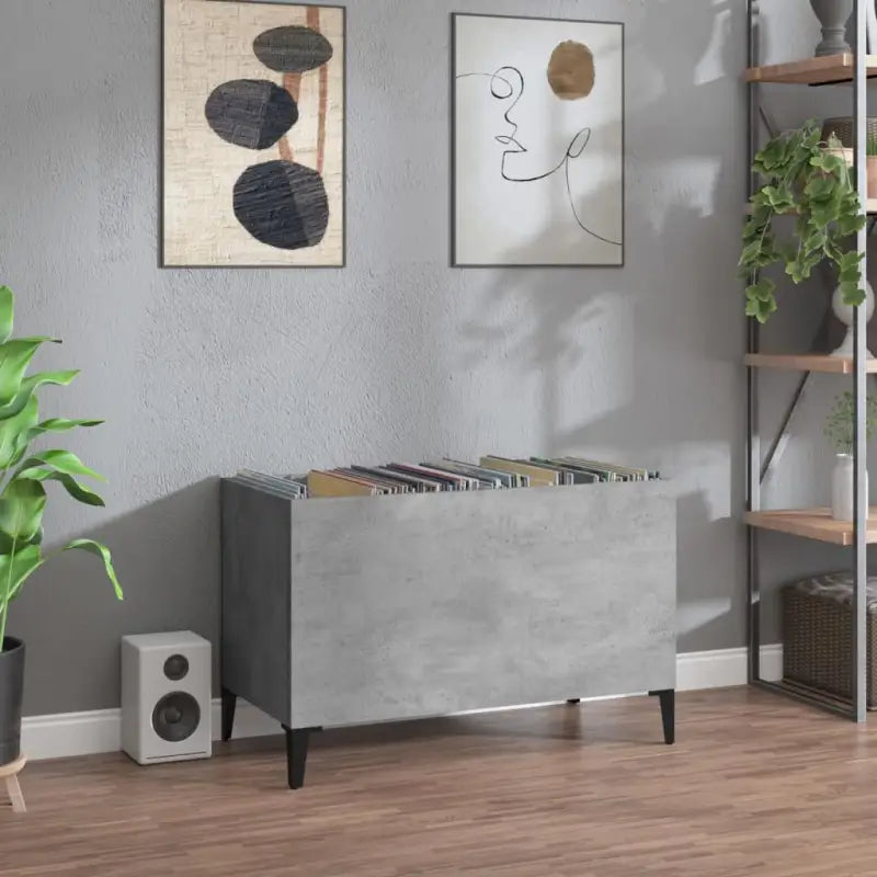 Vinylplatenkast in hoogglans wit met metalen poten en bewerkt hout - Betongrijs / 1 - Cd- & dvd-kasten