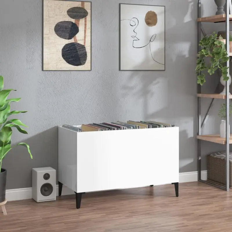 Vinylplatenkast in hoogglans wit met metalen poten en bewerkt hout - Cd- & dvd-kasten