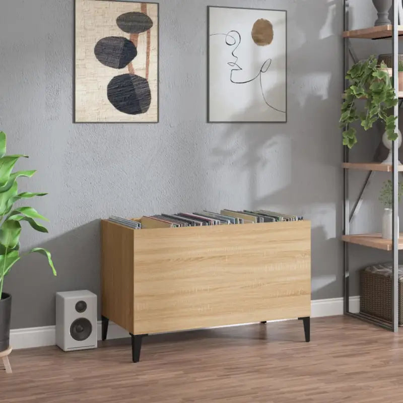 Vinylplatenkast in hoogglans wit met metalen poten en bewerkt hout - Sonoma eiken / 1 - Cd- & dvd-kasten