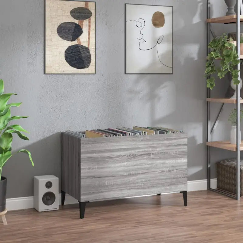 Vinylplatenkast in hoogglans wit met metalen poten en bewerkt hout - Grijs sonoma / 1 - Cd- & dvd-kasten