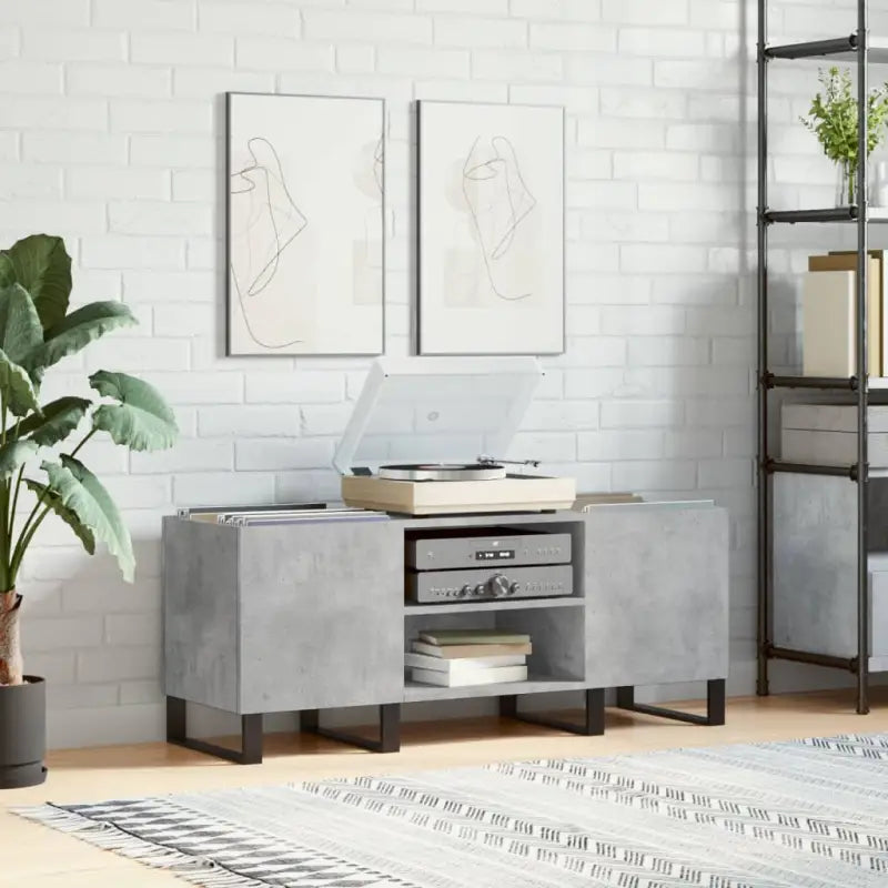 Vinylplatenkast met stevige blad en ijzeren poten van bewerkt hout - Betongrijs / 1 - Cd- & dvd-kasten